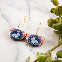Load image into Gallery viewer, Vintage Red + Blue Rabbit Drop Hoop Earrings