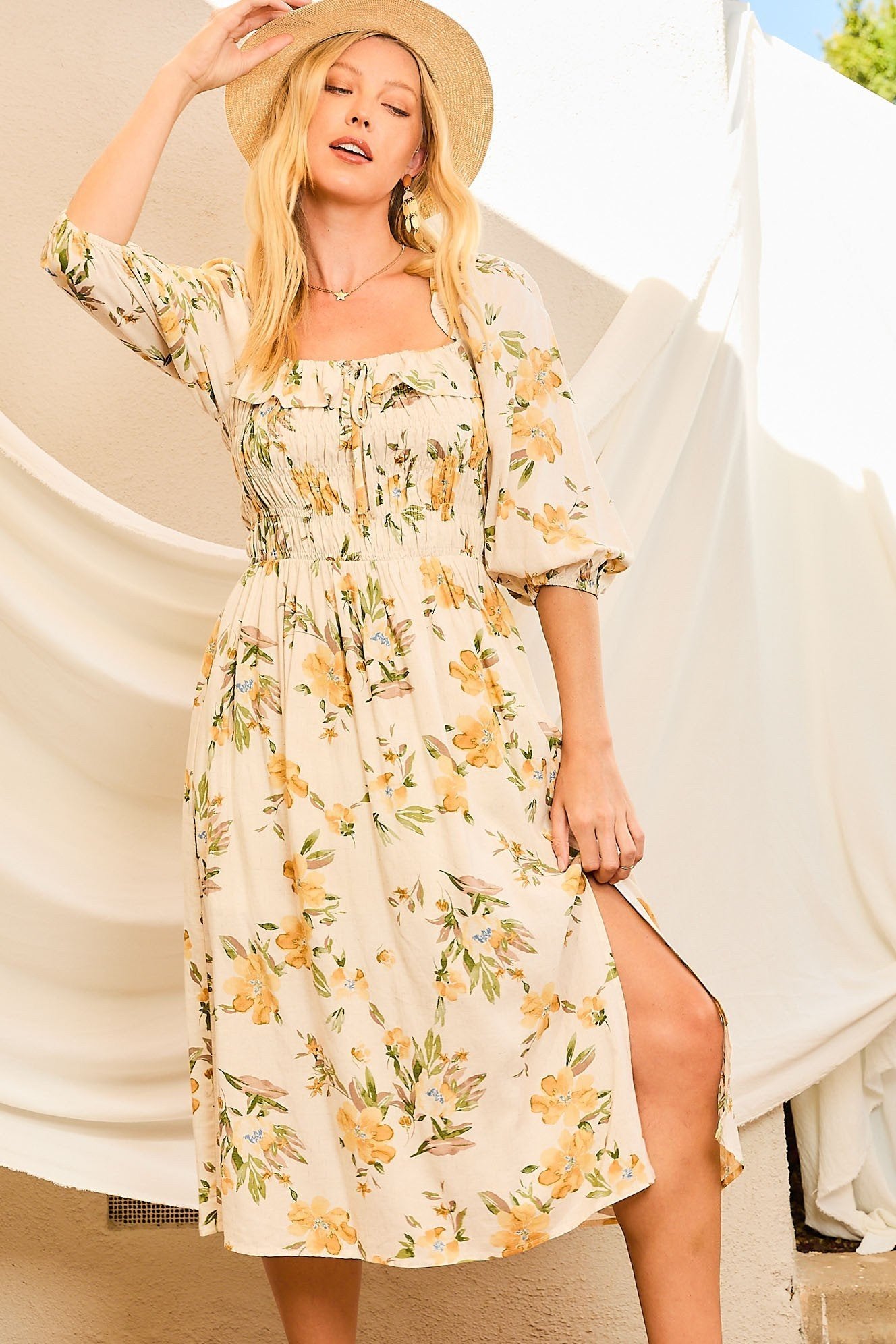 floral midi dress with slit Haydin Tied Bust Split Midi Dress Floral Navy