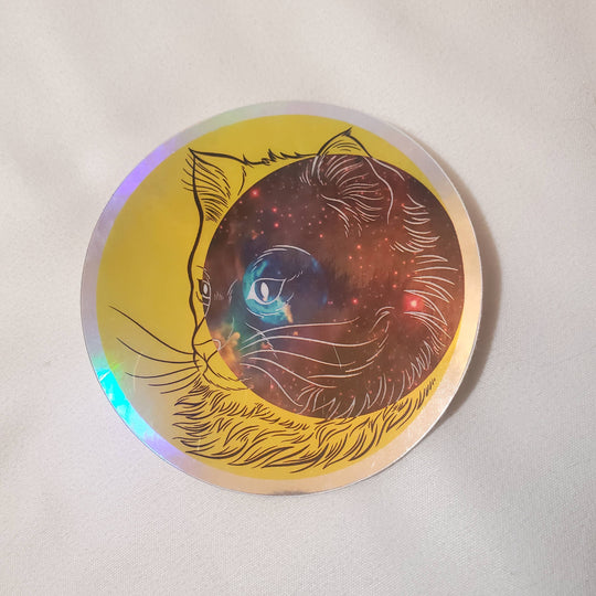 Sticker: Crescent Moon Space Cat, 3" holographic vinyl