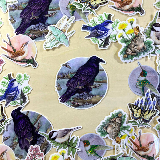 Common Raven with Moths - Vinyl Sticker -