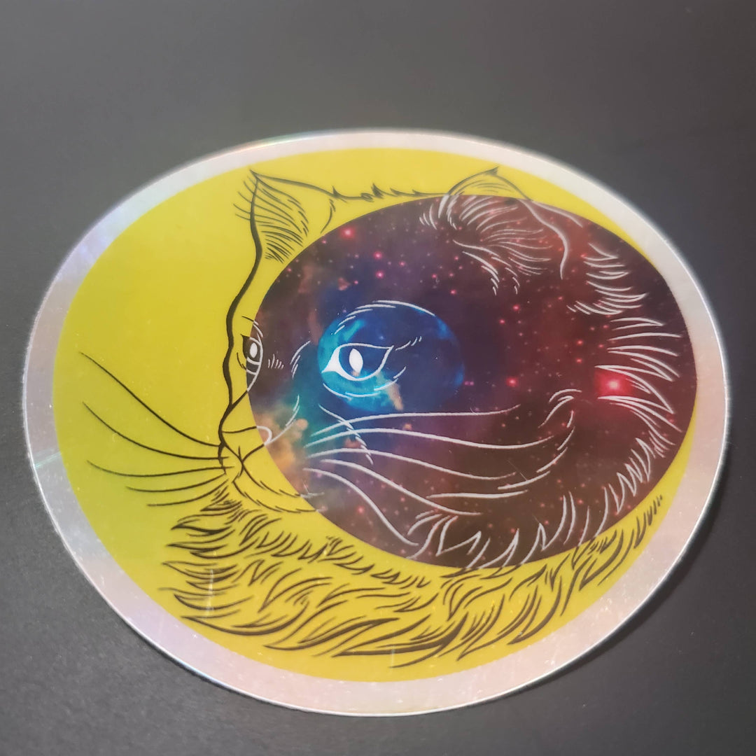 Sticker: Crescent Moon Space Cat, 3" holographic vinyl