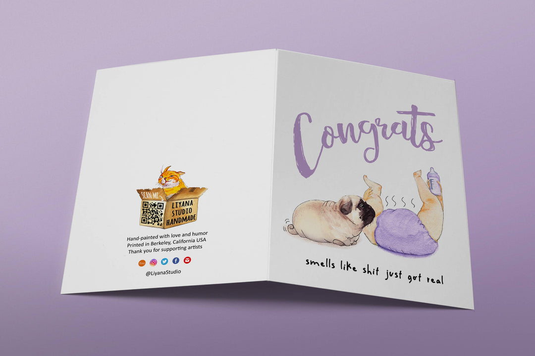 Shit Just Got Real Pug Congrats - Funny New Baby Card