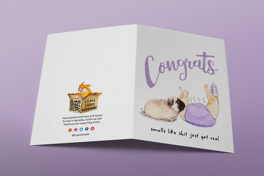 Shit Just Got Real Pug Congrats - Funny New Baby Card