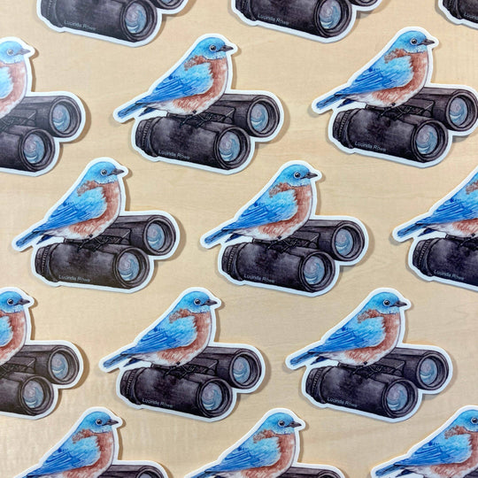 Eastern Bluebird On Binoculars - Vinyl Sticker -