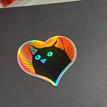Load image into Gallery viewer, Sticker: Black Heart Cat, Holographic 3&quot; Vinyl
