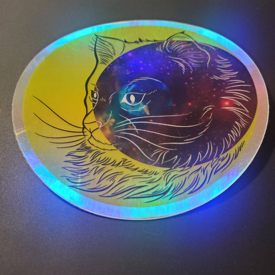Sticker: Crescent Moon Space Cat, 3" holographic vinyl
