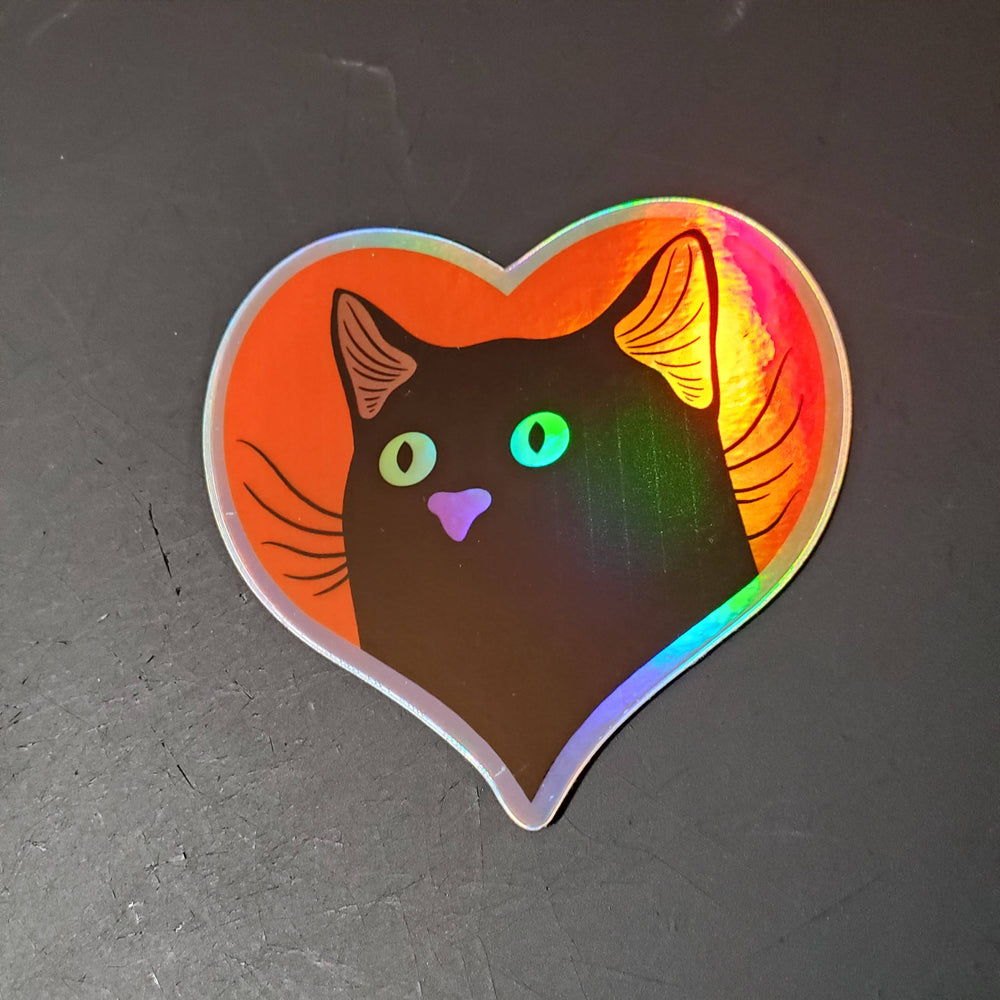 Sticker: Black Heart Cat, Holographic 3" Vinyl
