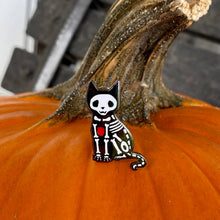 Load image into Gallery viewer, Skeleton Cat Enamel Pin- Halloween Cat Pin
