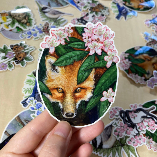 Red Fox with Rhododendron - Vinyl Sticker -