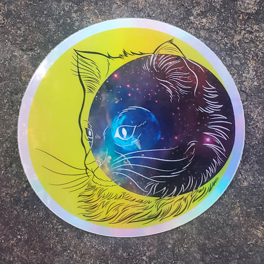 Sticker: Crescent Moon Space Cat, 3" holographic vinyl