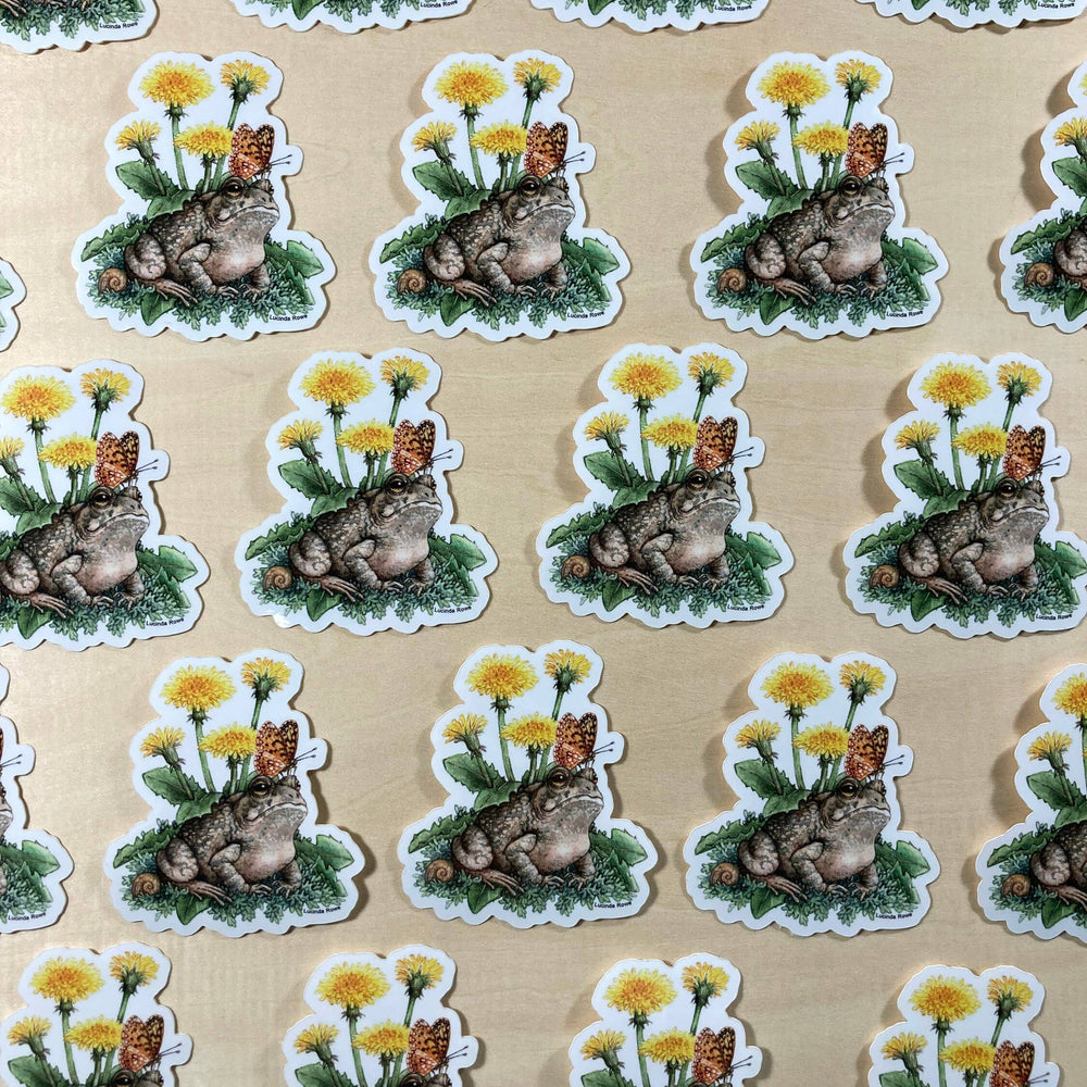 Fowler's Toad With Dandelions And Butterfly - Vinyl Sticker -