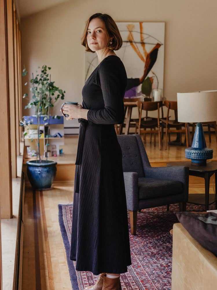 Katie Maxi Wrap Dress Black Rib Knit