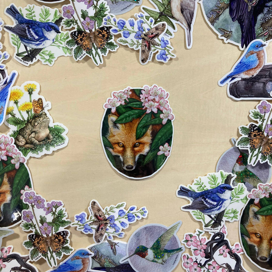 Red Fox with Rhododendron - Vinyl Sticker -