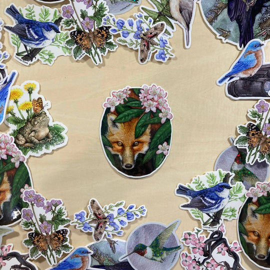 Red Fox with Rhododendron - Vinyl Sticker -
