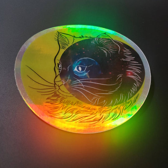 Sticker: Crescent Moon Space Cat, 3" holographic vinyl