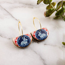 Load image into Gallery viewer, Vintage Red + Blue Rabbit Drop Hoop Earrings
