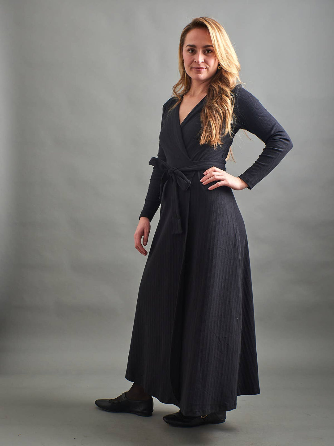 Katie Maxi Wrap Dress Black Rib Knit
