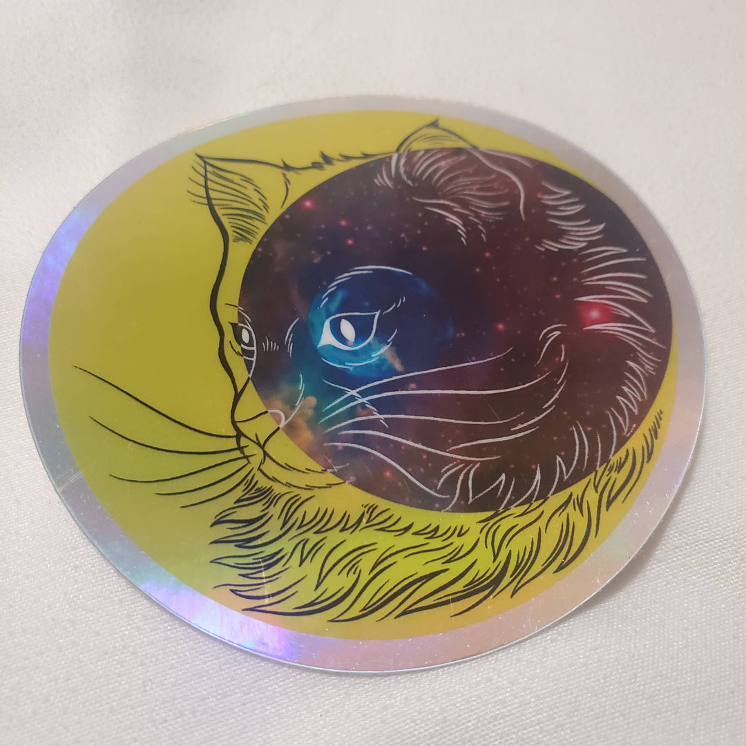 Sticker: Crescent Moon Space Cat, 3" holographic vinyl