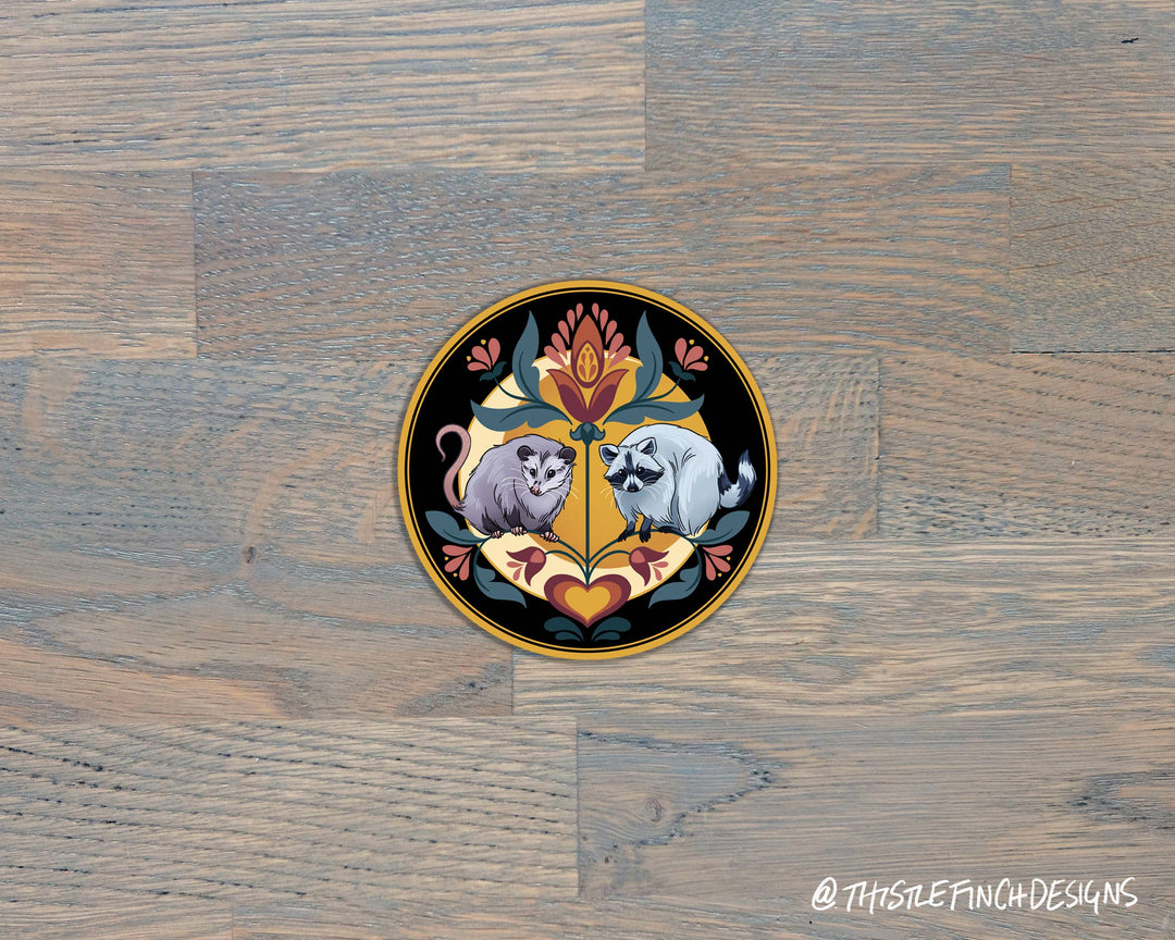 Raccoon &amp; Opossum Hex Sign PA Dutch Vinyl Sticker