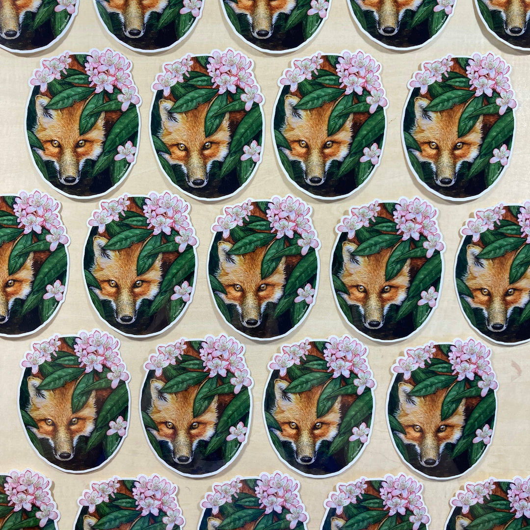 Red Fox with Rhododendron - Vinyl Sticker -