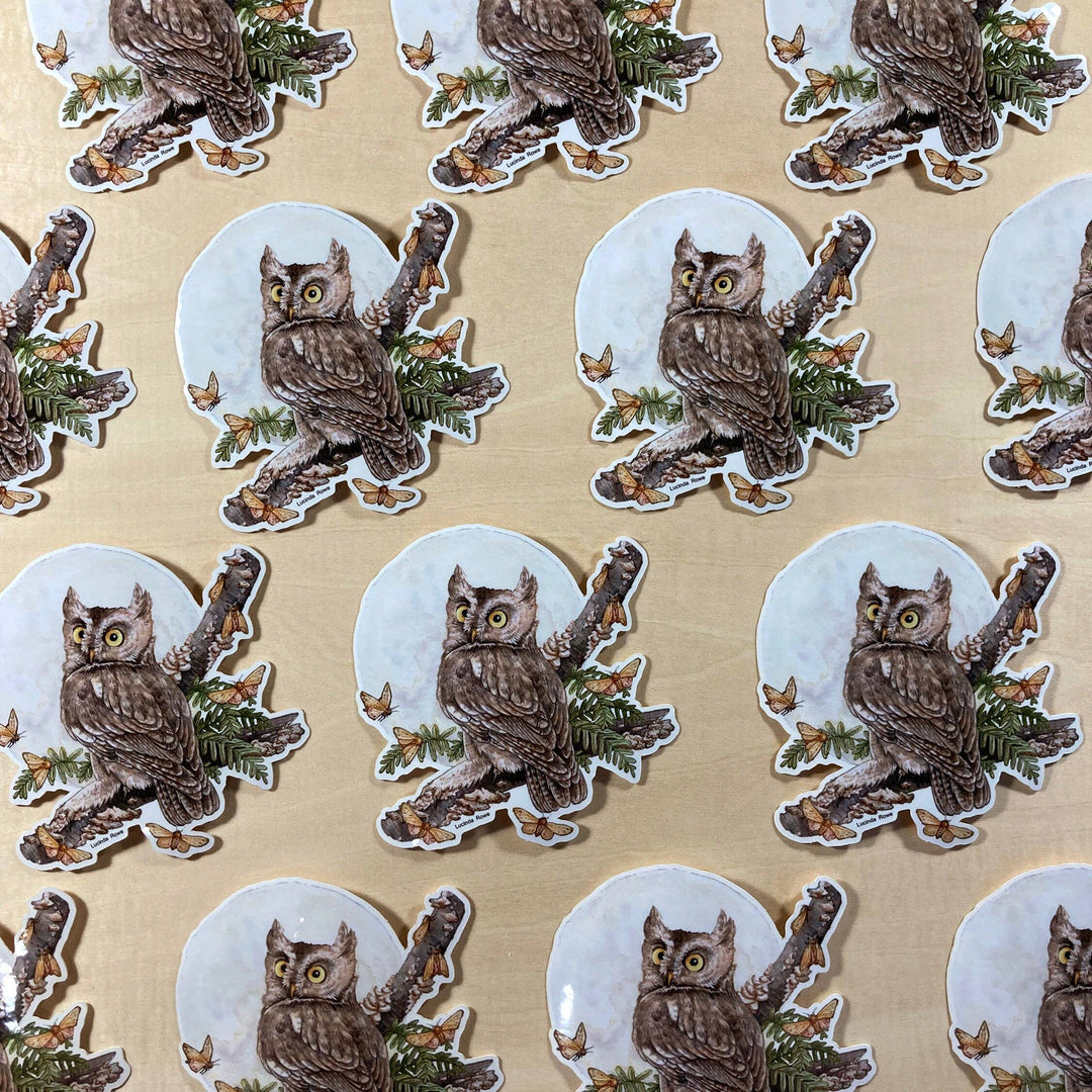 Screech Owl With Moths - Vinyl Sticker -