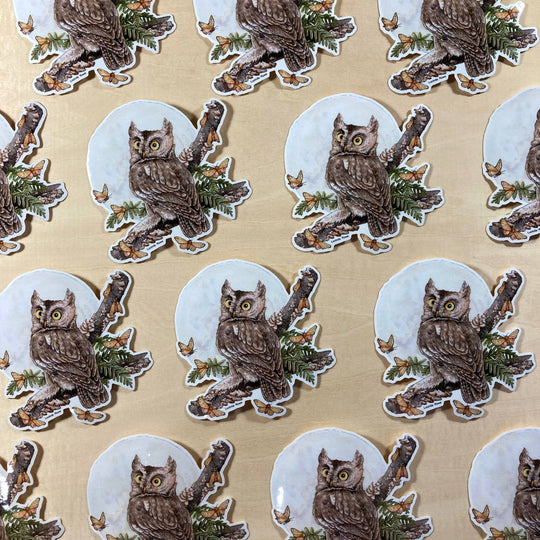 Screech Owl With Moths - Vinyl Sticker -