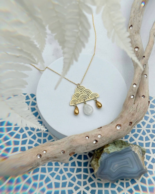 Rain Cloud Necklace with Quartz and Glass Raindrop Beads