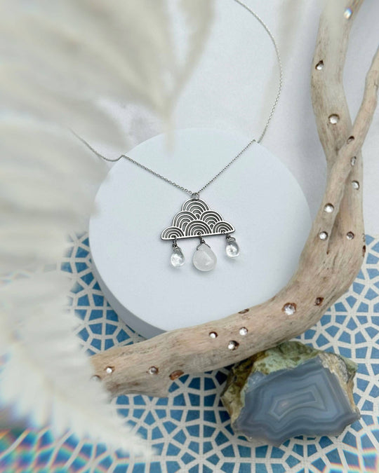 Rain Cloud Necklace with Quartz and Glass Raindrop Beads