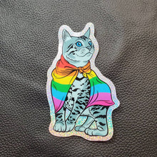 Load image into Gallery viewer, Sticker: Rainbow Pride Cat, 3.75&quot; Holographic Sparkle Vinyl
