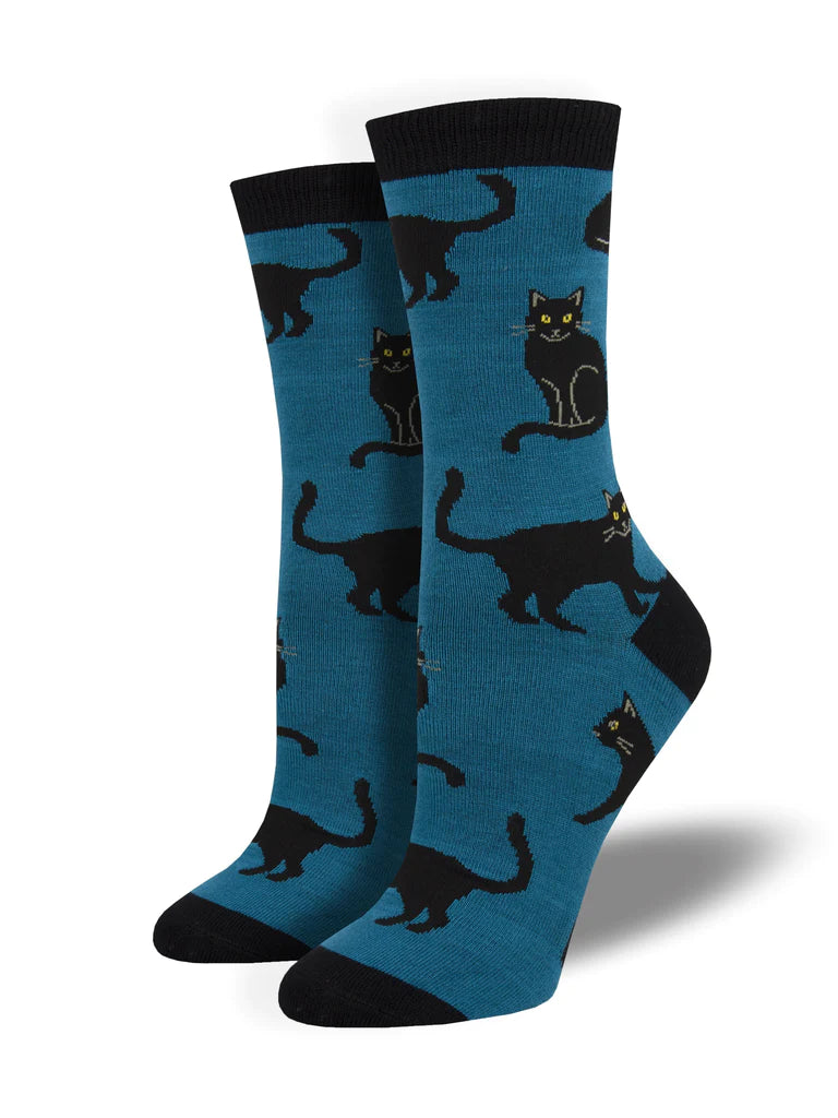 Black Cat Blue- Graphic Bamboo Crew Socks - Women