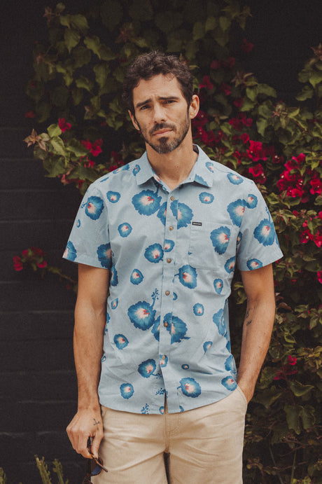 CHARTER PRINT S/S WVN - DUSTY BLUE/PACIFIC BLUE/CORAL