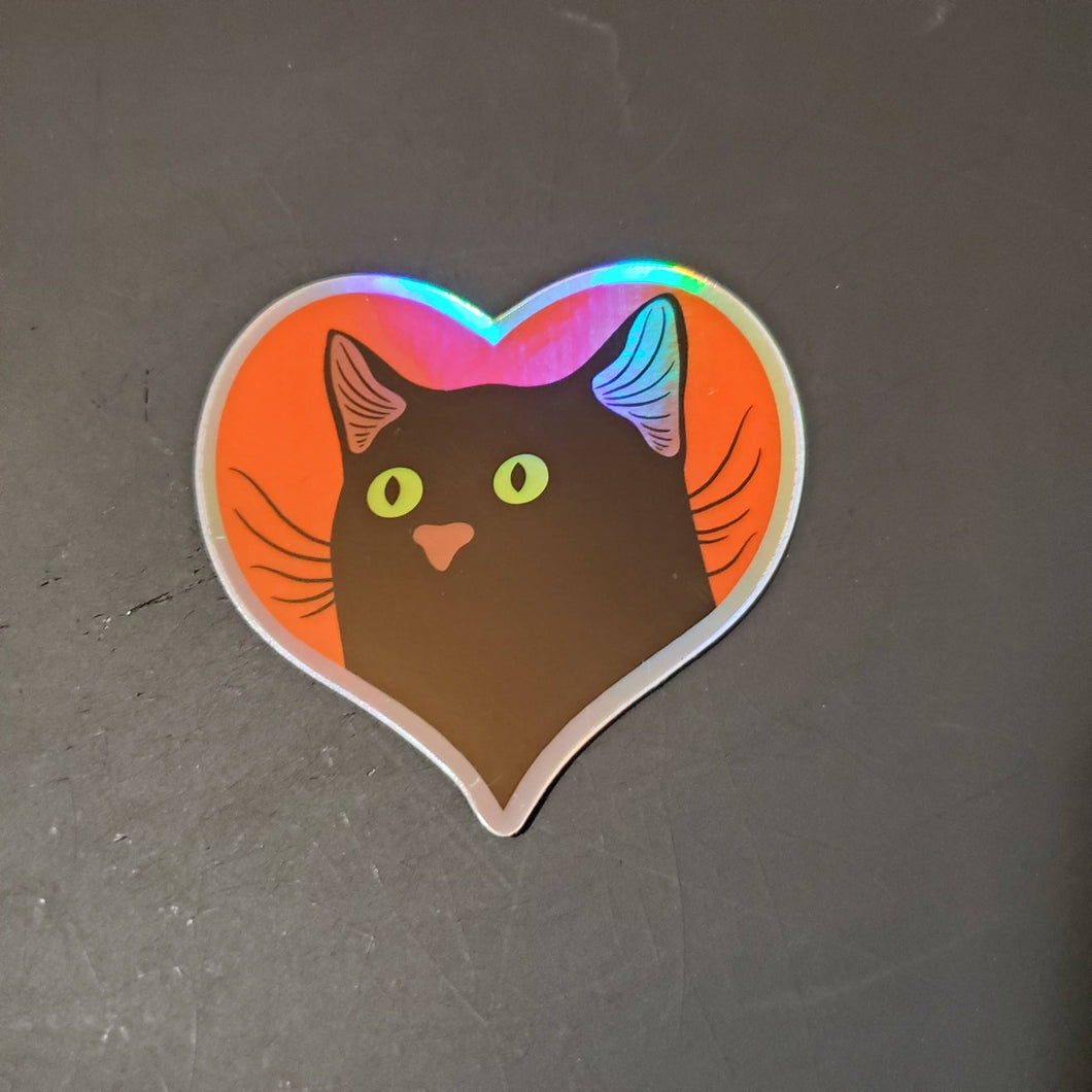 Sticker: Black Heart Cat, Holographic 3
