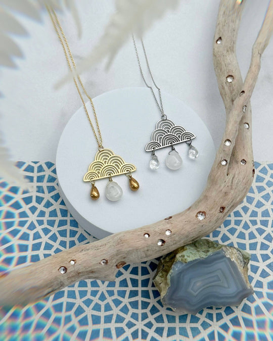 Rain Cloud Necklace with Quartz and Glass Raindrop Beads