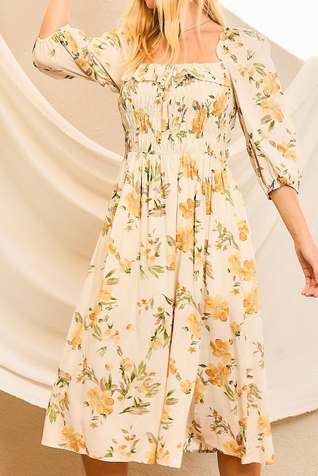 Smocking Top Front Slit Floral Print Midi Dress