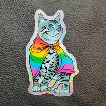 Load image into Gallery viewer, Sticker: Rainbow Pride Cat, 3.75&quot; Holographic Sparkle Vinyl
