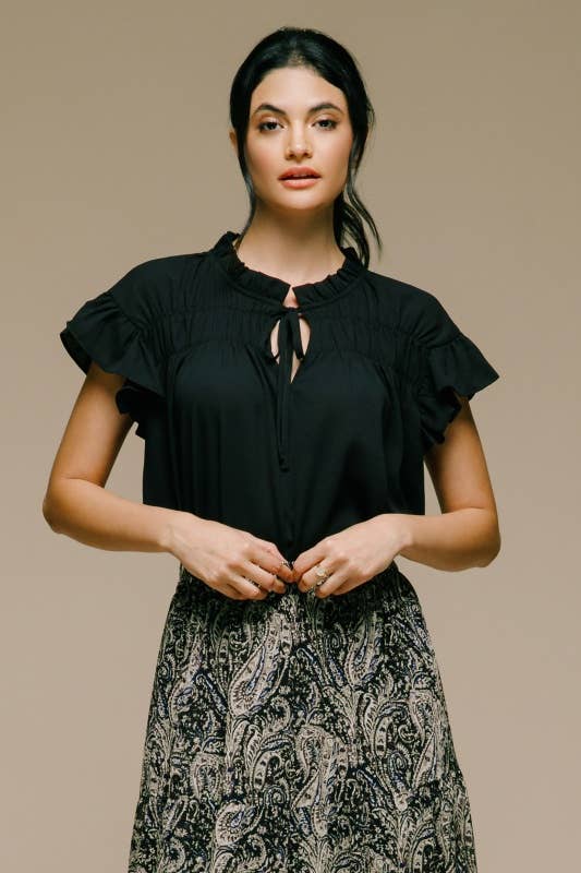 Black Ruffle Blouse with Neck Tie