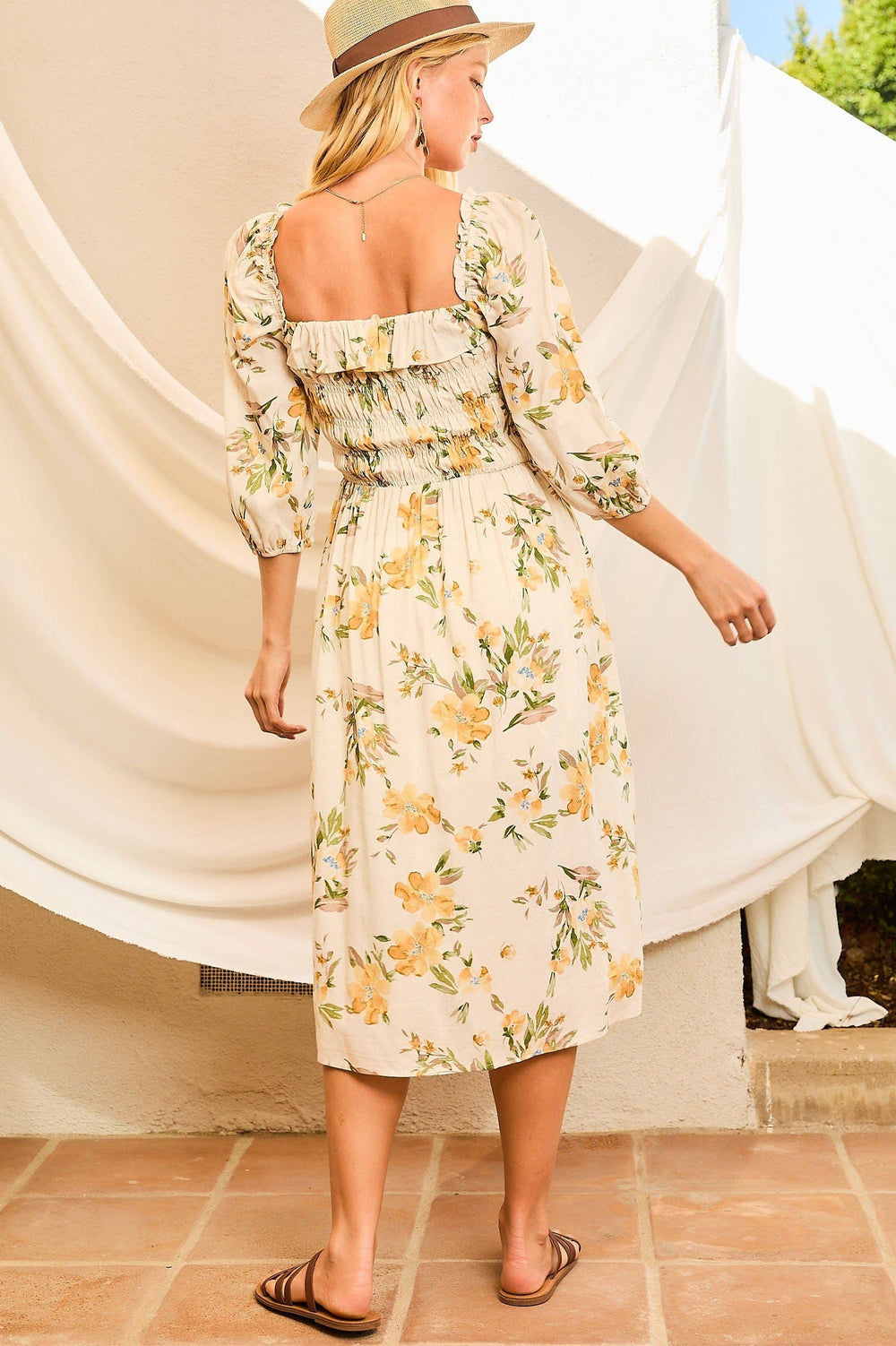 Smocking Top Front Slit Floral Print Midi Dress