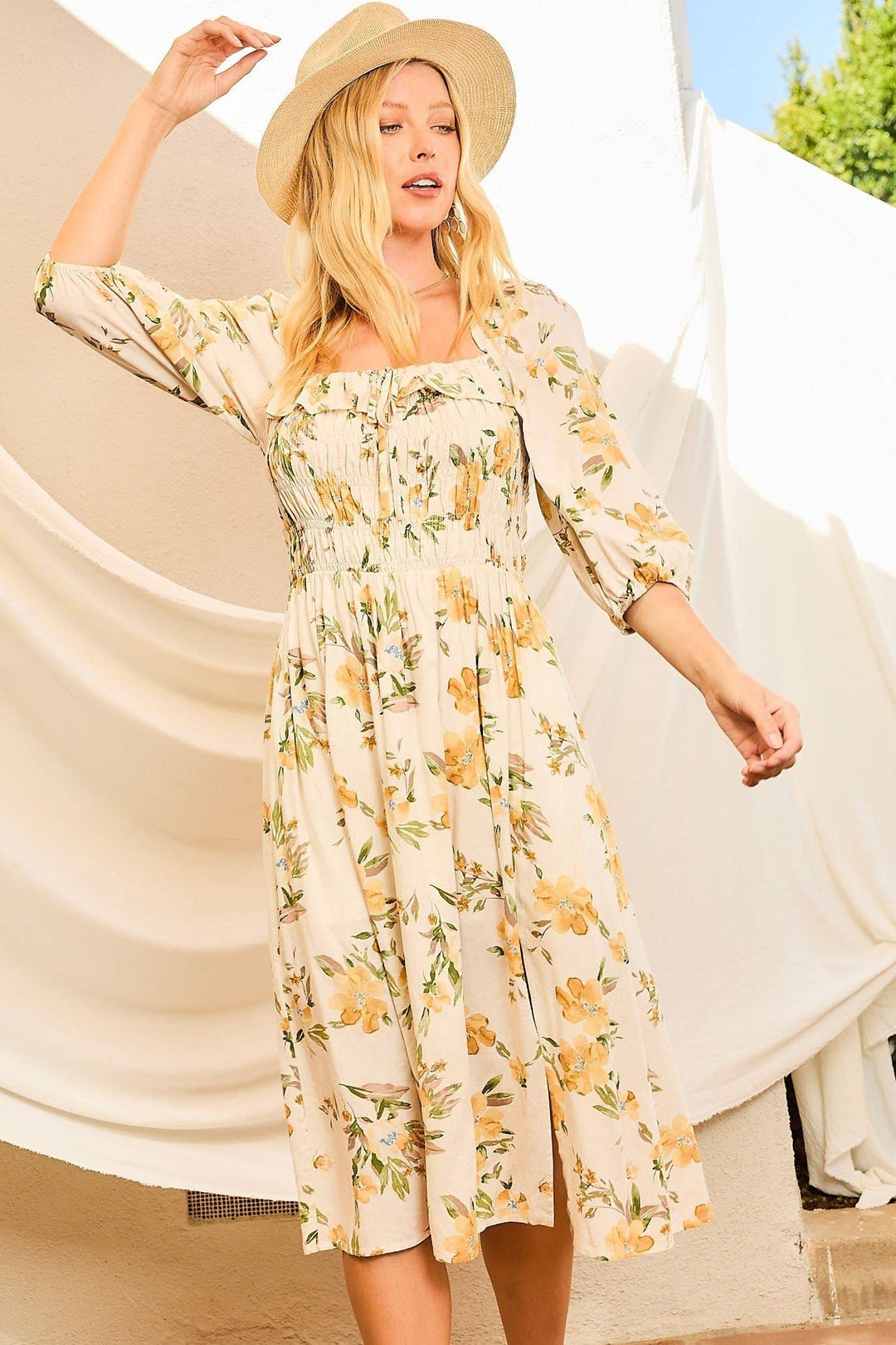 Smocking Top Front Slit Floral Print Midi Dress