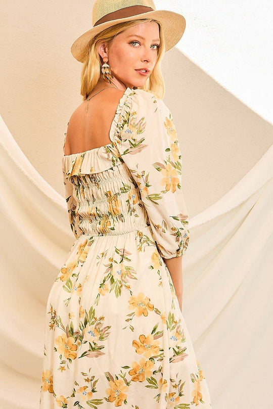 Smocking Top Front Slit Floral Print Midi Dress