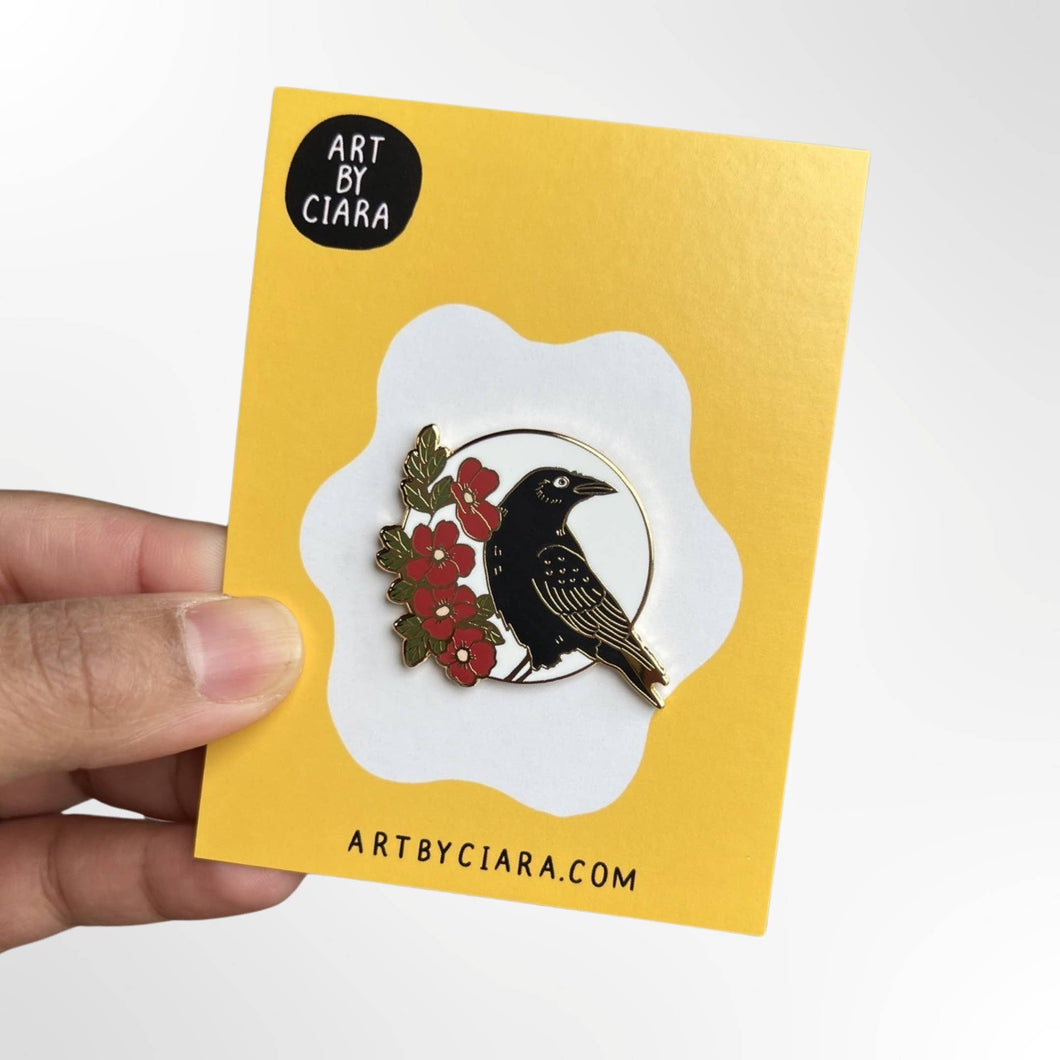 Crow with Flowers Enamel Pin